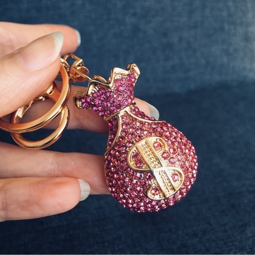 Pink Rhinestone + Gold Money Bag Bling Keychain, Purse Charm - Picture 3 of 17